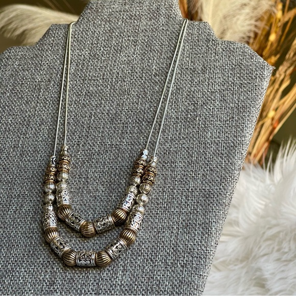 Textured Silver Gold Tube Round Beads Two-Strand Silver Snake Chain Necklace - Picture 6 of 9